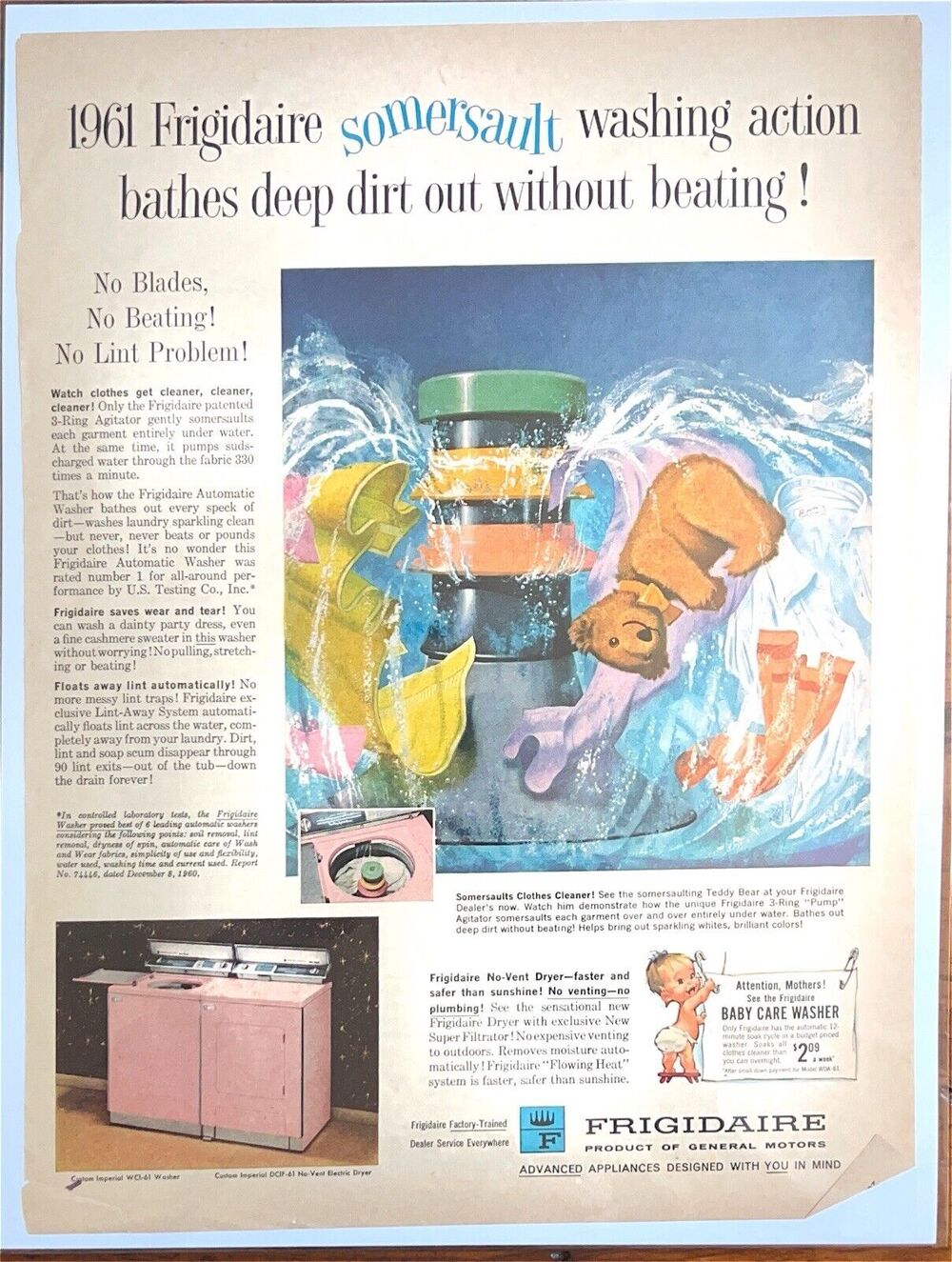 Vintage Pink Frigidaire Laundry Machines Somersault Print Ad 1960s MCM